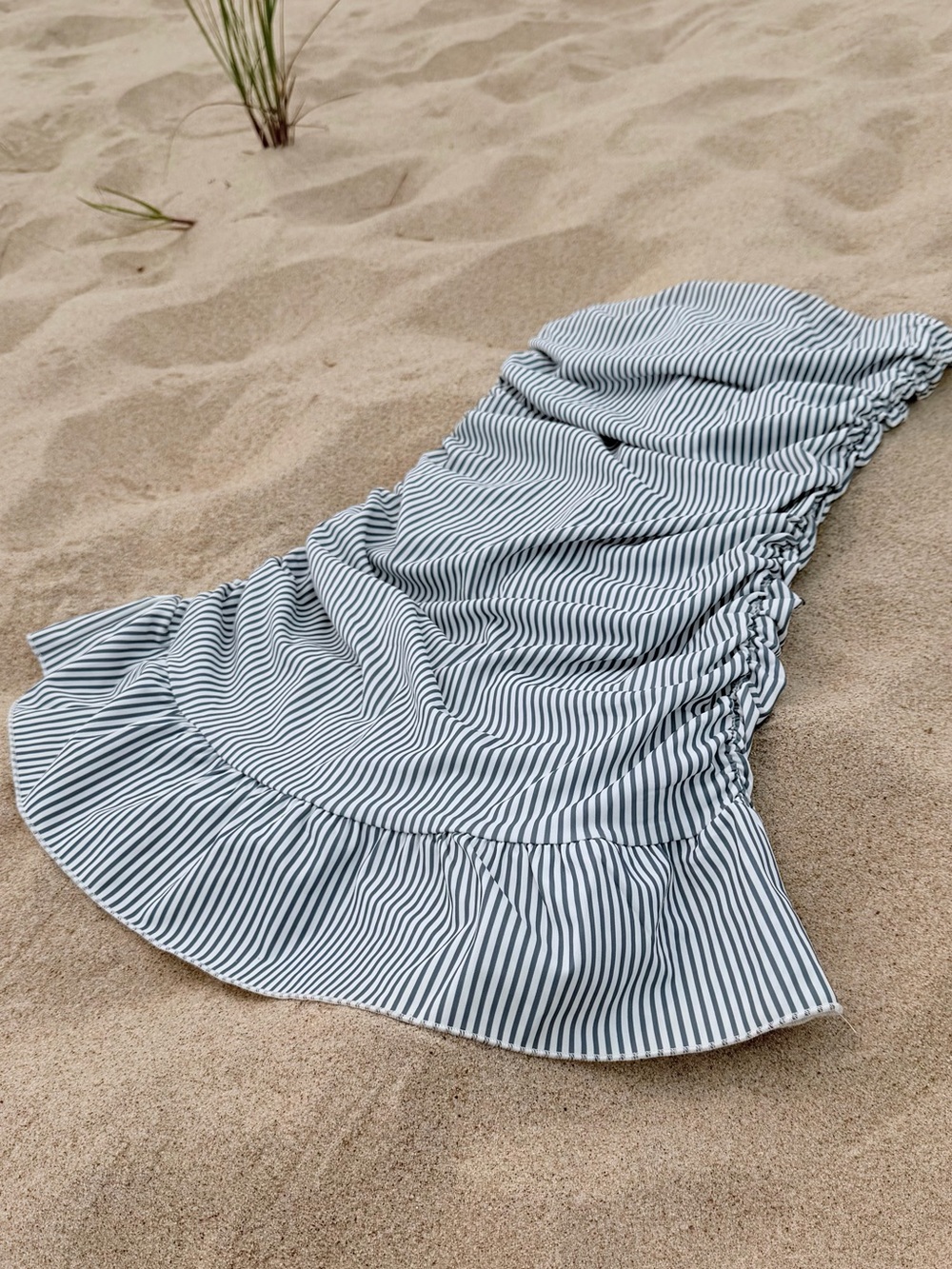 Edikted Striped Strapless Ruffled Swim Dress in Blue and White - Picture 3 of 5